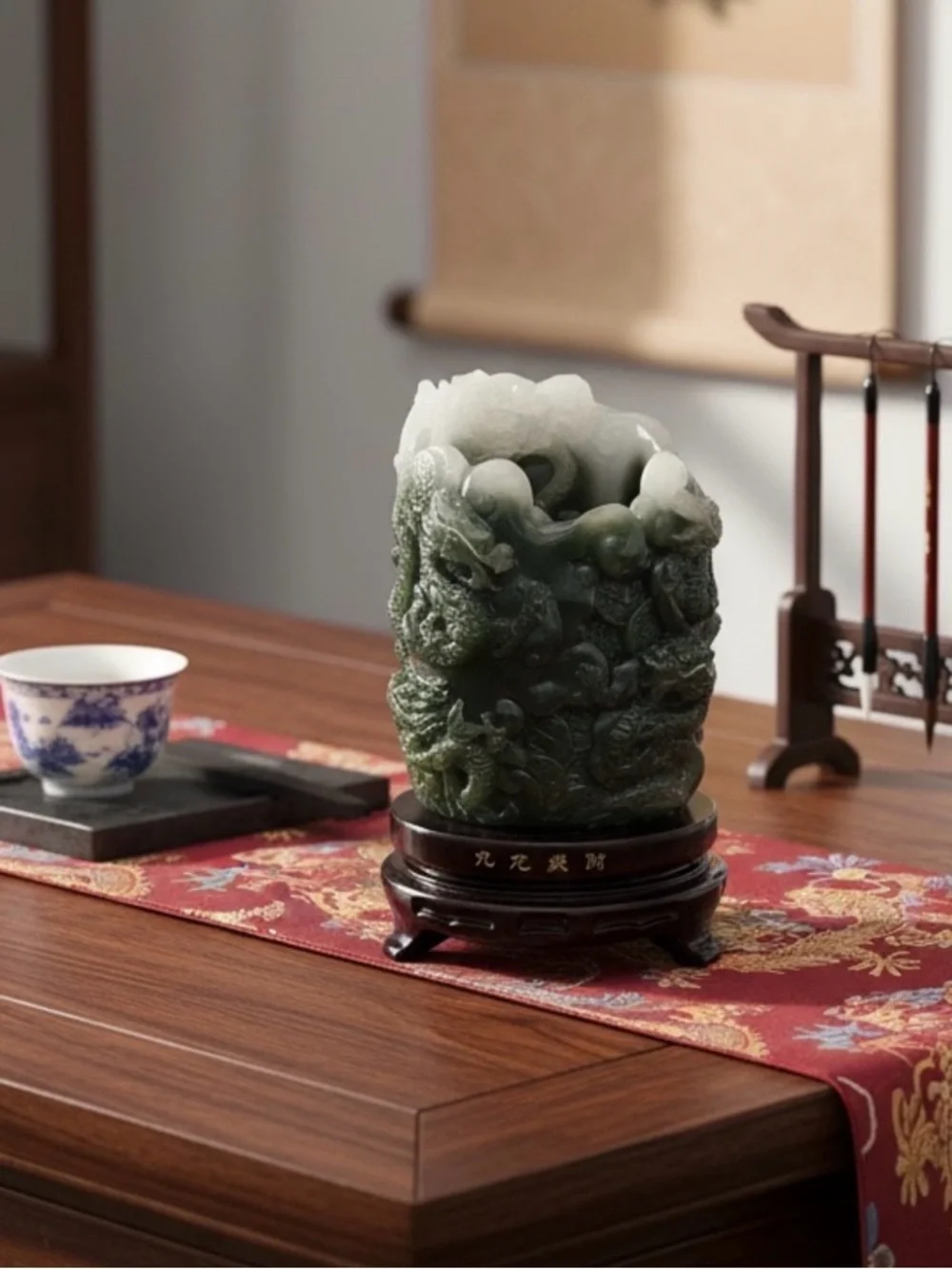 Chinese Dragon Brush Pot Bitong Green White Jade Style Carved Sculpture w Base